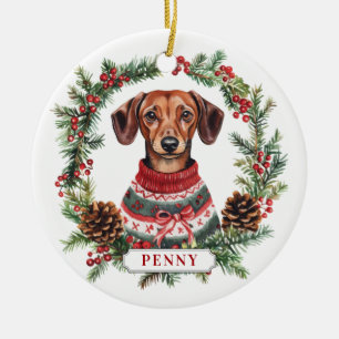 Noël Dachshund Chien Cercle en céramique ornement