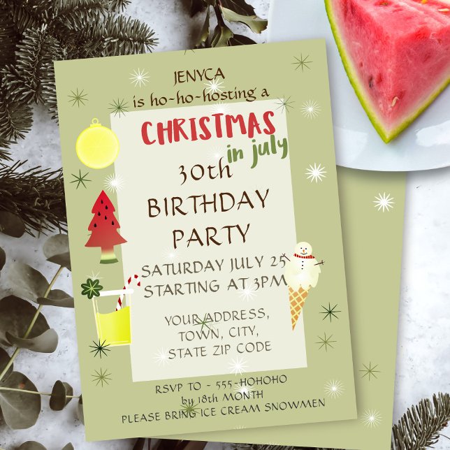 Noël en juillet Anniversaire Fête Invitation (🍉Celebrate Christmas for Your 30th Birthday! (or any age) You'll need ice cream and watermelons 🍉)