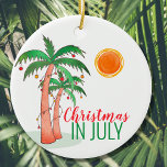 Noël en juillet Ornement céramique<br><div class="desc">Fêtez-vous Noël en juillet de cette année ? Ajoutez cet ornement de Noël à votre décor de fête. Elle est décorée de palmiers aquarelles décorés comme des arbres de Noël. Aquarelle originale © Michele Davies.</div>