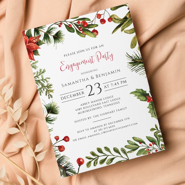 Noël Engagement Fête de la verdure Invitation (Christmas Engagement Party Botanical Greenery Berries Invitation)