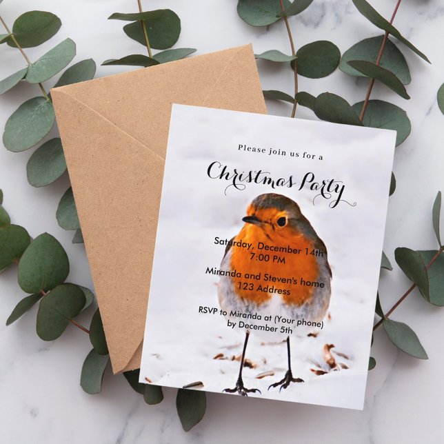 Noël fête robin oiseau neige invitation (Créateur téléchargé)