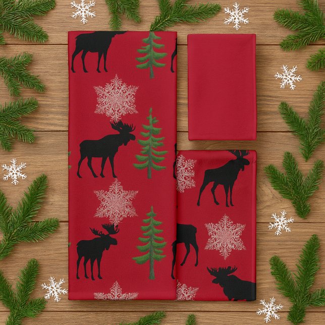 Noël flocon de neige arbre de pin élan Style Caban (Rustic  moose, pine and snowflakes on red towels set . A perfect print for Christmas and beyond )