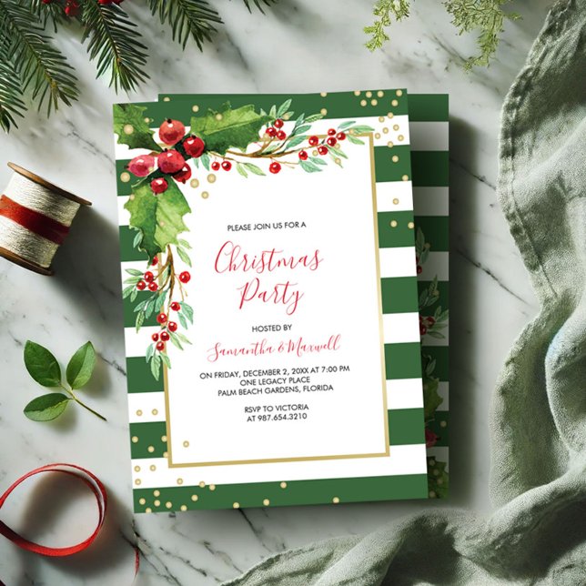 Noël, fonction Invitation - Green Stripes (Christmas invitations green stripes watercolor red and green holly and berries)