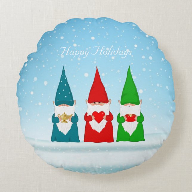 Noël Gnomes sur Coussin rond bleu clair (Devant)