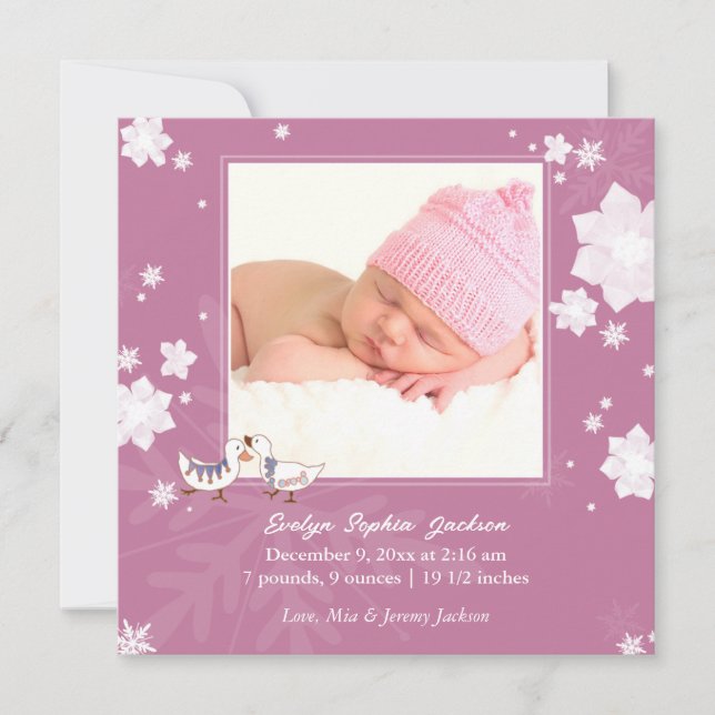 Noël hiver bébé fille rose Faire-part de naissance (Devant)