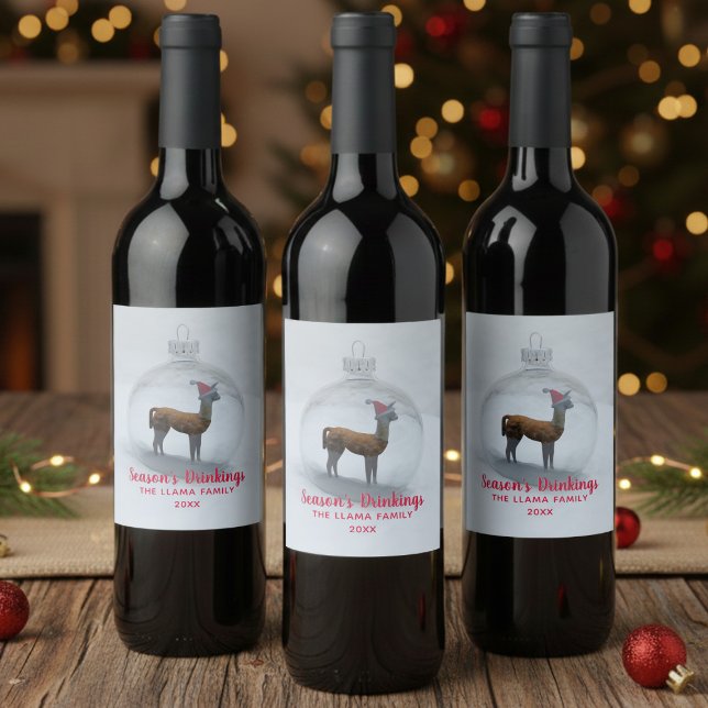 Noël Llama hiver Neige Vacances Vins Étiquettes (Fun and festive Christmas llama ornament wine label for your holiday wine)