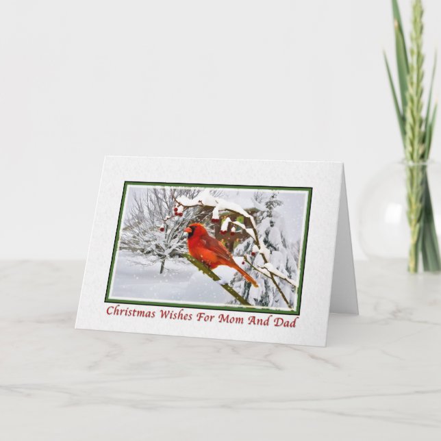 Noël, maman et papa, oiseau cardinal, neige, carte (Devant)
