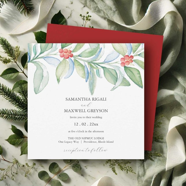Noël Mariage Invitations Aquarelle Verdure (Christmas wedding invitations elegant botanical watercolor art  Victoria Grigaliunas DoTellABelle)