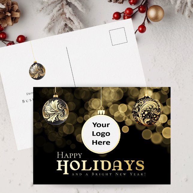 Noël Noir et or Joyeux Vacances Affaires (A Classy Black and Gold Corporate Business Postcard with Ornaments and Logo)