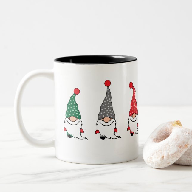 Noël Nordique Gnomes Rouge VERT Gris Café Mug (Avec donut)