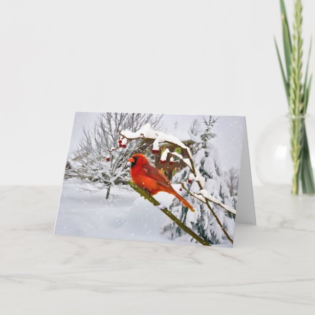 Noël, oiseau cardinal, neige, carte (Devant)