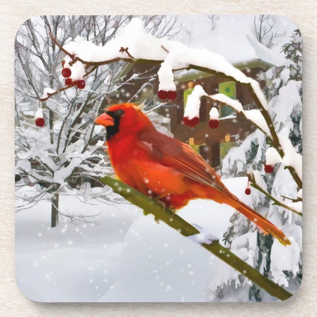 Noël, oiseau cardinal, neige, dessous de verre de (Devant)
