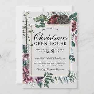 Noël Open House Rustic Red Floral Invitation