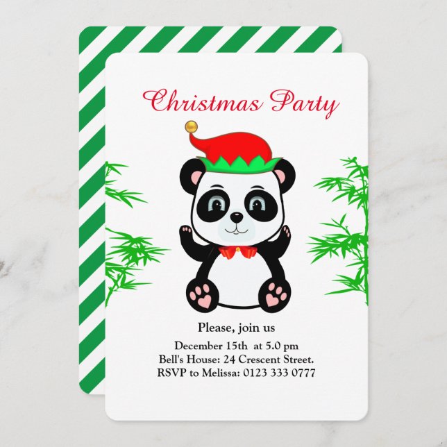Noël Panda Ours Elf sur invitation de la fête blan (Devant / Derrière)