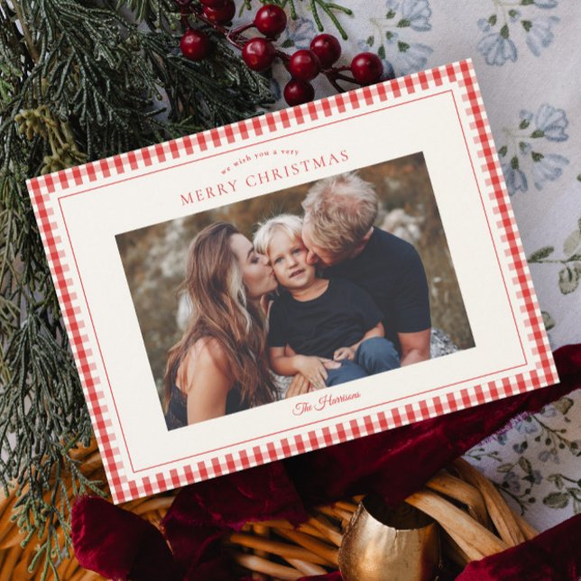 Noël Photo Élégant Rustique Gingham (Red gingham magnetic photo Christmas cards.)