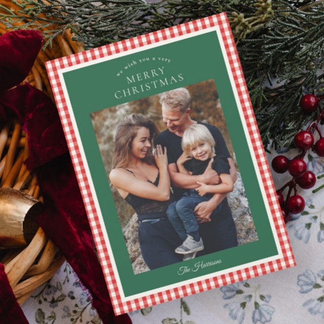 Noël Photo Élégant Rustique Gingham (Elegant, Rustic Red Gingham Magnetic Photo Christmas Cards.)