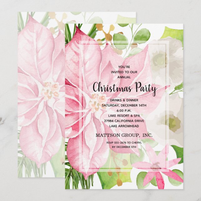 Noël Pink Poinsettia Floral Invitations (Devant / Derrière)