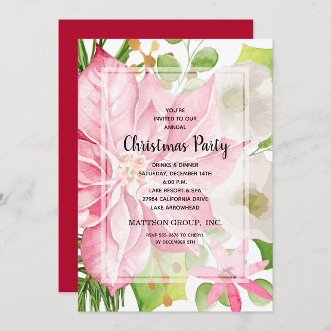 Noël Pink Poinsettia Floral Invitations (Devant / Derrière)