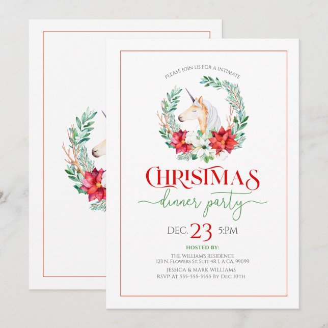 Noel poinsettia & unicorn wreath party invitation (Devant / Derrière)