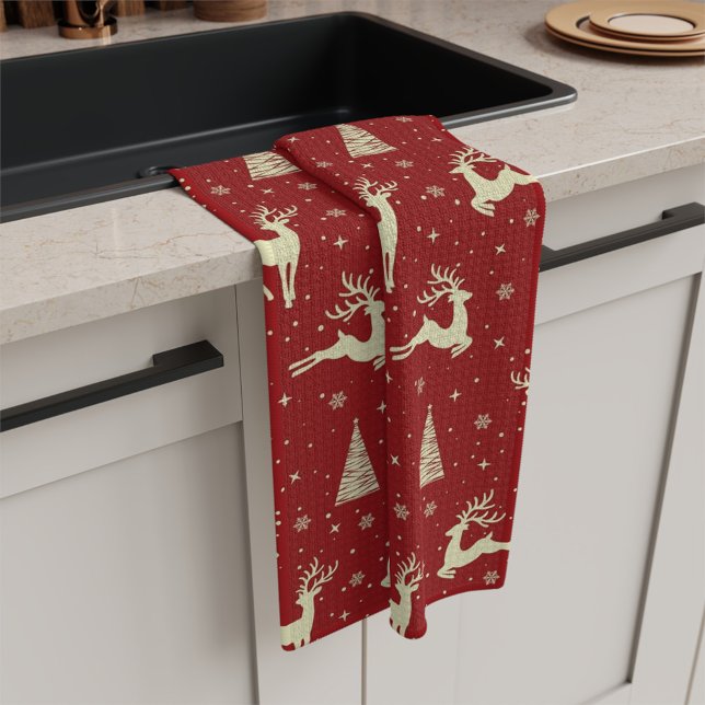 Noël Prancing Gold Deer Vacances Serviette de cuis (Créateur téléchargé)