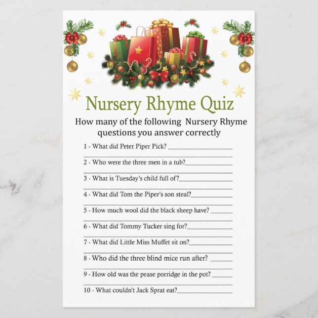 Noël présente Nursery Rhyme Quiz baby shower (Devant)