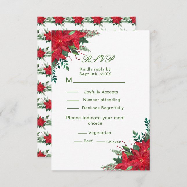 Noël Rouge Poinsettia Fleurs Mariage RSVP (Devant / Derrière)