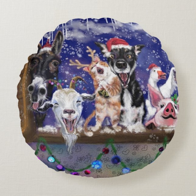 Noël Round Coussin Bonne fête des animaux de ferme (Devant)
