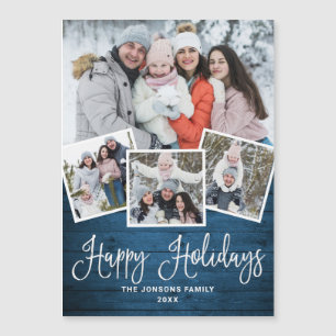Noël Rustique Bleu Bois 4 PHOTO Carte magnétique