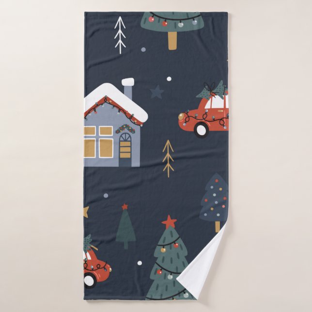 Noël sans couture motif avec arbre de Noël, voitur (Serviette de bain)