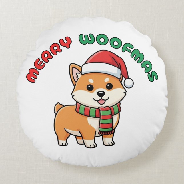 Noël Shiba Inu Coussin rond : Joyeux Woofmas (Devant)