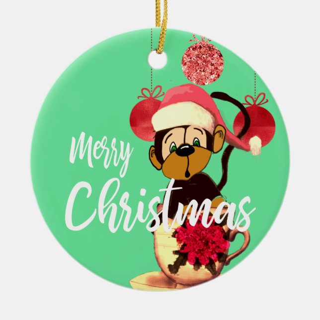 Noël Singe Vert Rouge Cute en céramique Ornement (Devant)