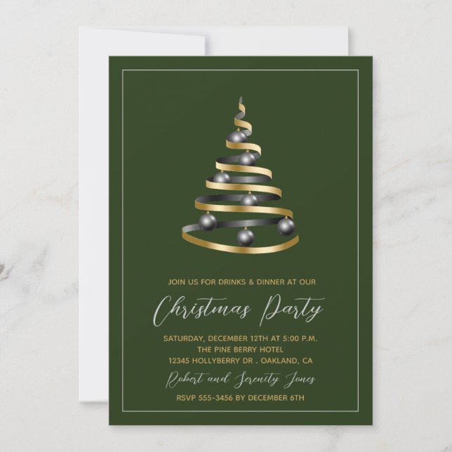 Noël Soirée Green Gold Tree Invitation (Devant)