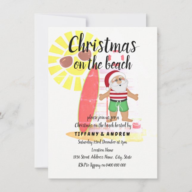 Noël sur la plage Été Père Noël Invitation de la f (Devant)