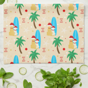 Noël Surf Père Noël Chiens Serviette de cuisine