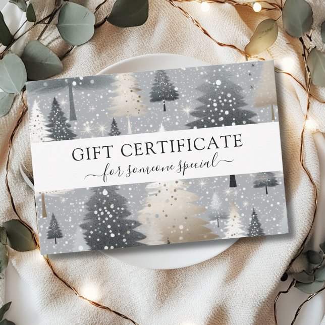 NOËL TREE BUSINESS CERTIFICACACE cadeau pour vous (Modern, Elegant, Christmas Tree-Gray-Beige-Silver-Pattern, Salon, Business, Gift Certificate. 
)