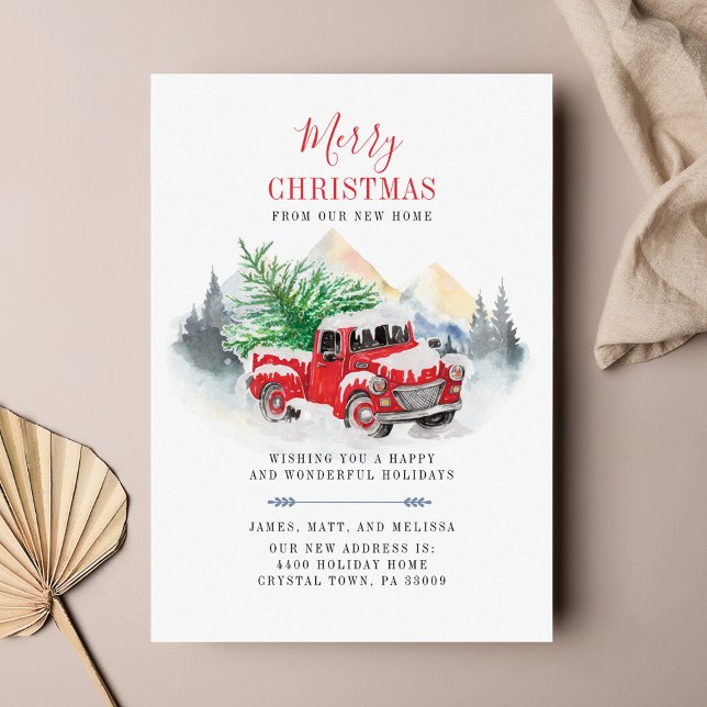 Noël Vacances Camion rouge Faire-part de déménagem (Plaid Red Truck Christmas Moving Announcement)