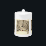 Noël vintage, Eglise dans le paysage hivernal<br><div class="desc">Illustration vintage Conception religieuse de Noël victorienne avec une église dans un paysage hivernal avec des arbres. Il y a de la neige sur le sol et les paroissiens arrivent pour les services. Belles tonalités antiques aux couleurs vives rouge et vert aux fenêtres.</div>