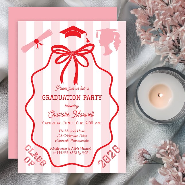 Noeud Coquet | Invitation de Fête de Remise de Dip (Pink Striped Graduation Party Invitation with Coquette Red Bow, Cap, and Diploma Icons Print Digital)