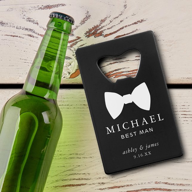 Nœud papillon blanc témoin personnalisé mariage (White Bow Tie Best Man Personalized Wedding Credit Card Bottle Opener)