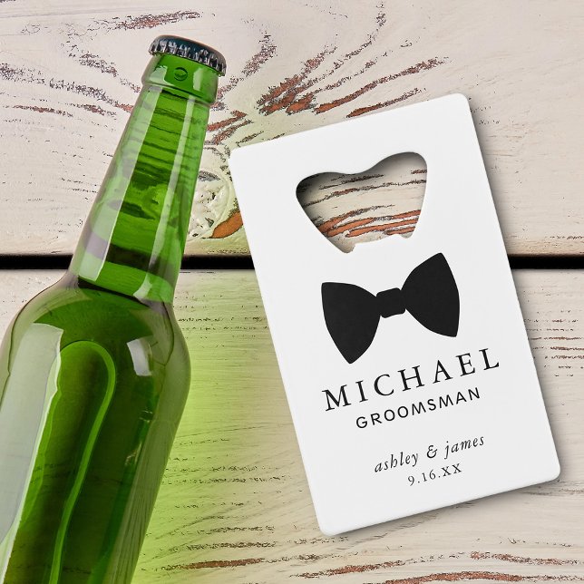 Noeud papillon noir pour garçon d'honneur Mariage  (Black Bow Tie Groomsman Personalized Wedding Credit Card Bottle Opener)