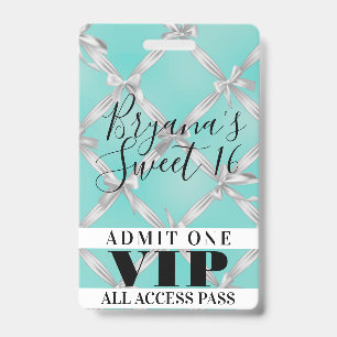 Nœuds Blancs Turquoise Sweet 16 Badge de passe VIP