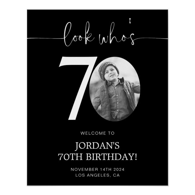 Noir 70e Affiche de bienvenue d'anniversaire | Reg (Devant)