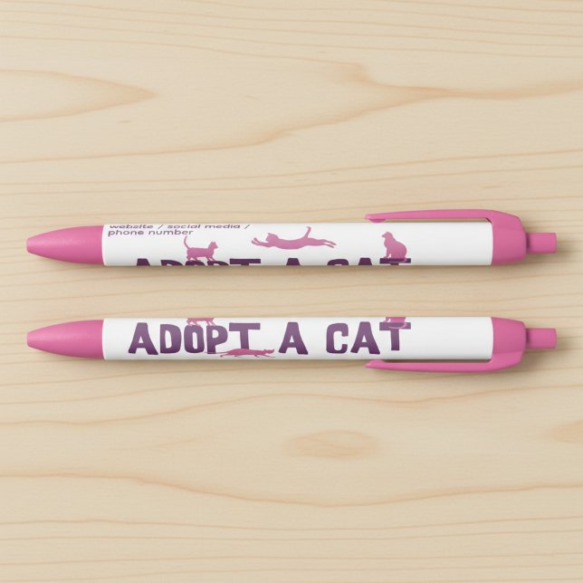 Noir Adoptez un stylo pour chat avec coordonnées (Adopt a cat pen with custom contact information. Great promotional pen for a cat shelter.)