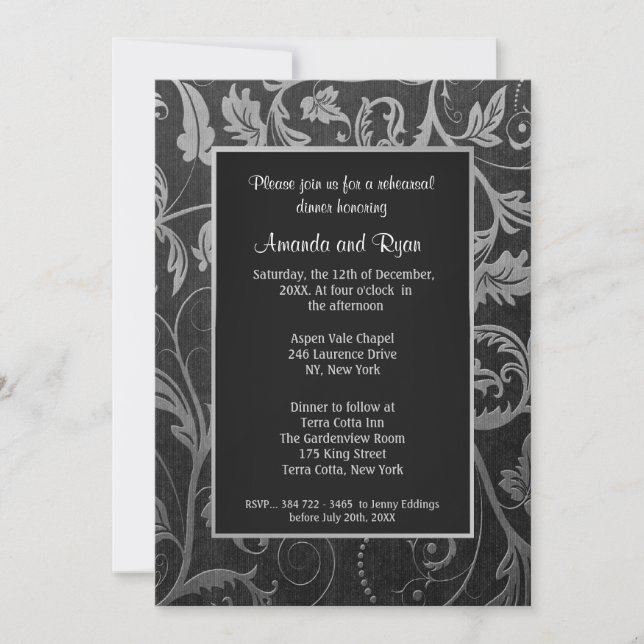 Noir - Argent Damask Répétition Dîner Invitation (Devant)