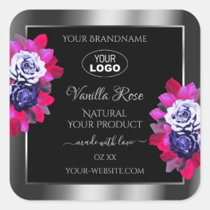 Noir Argent Étiquette Bleu Rose Roses Logo