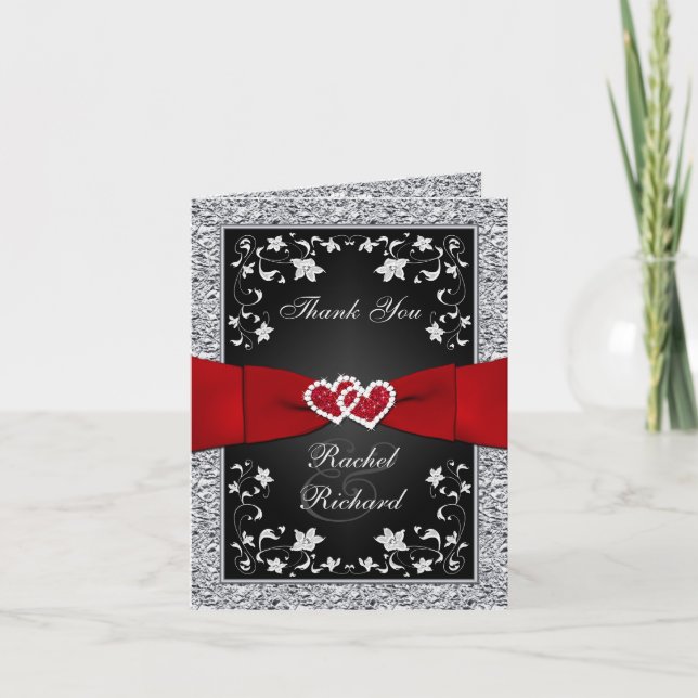 Noir Argent Rouge Floral Coeurs FAUX Merci Foil (Devant)