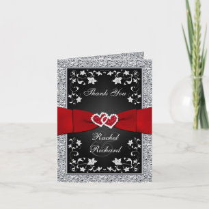 Noir Argent Rouge Floral Coeurs FAUX Merci Foil