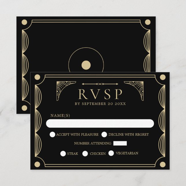 Noir Art Déco Mariage RSVP (Devant / Derrière)