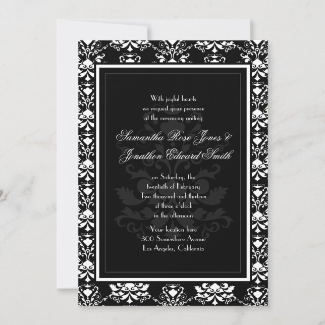 Noir avec blanc Damas Elégant mariage Invitation (Devant)