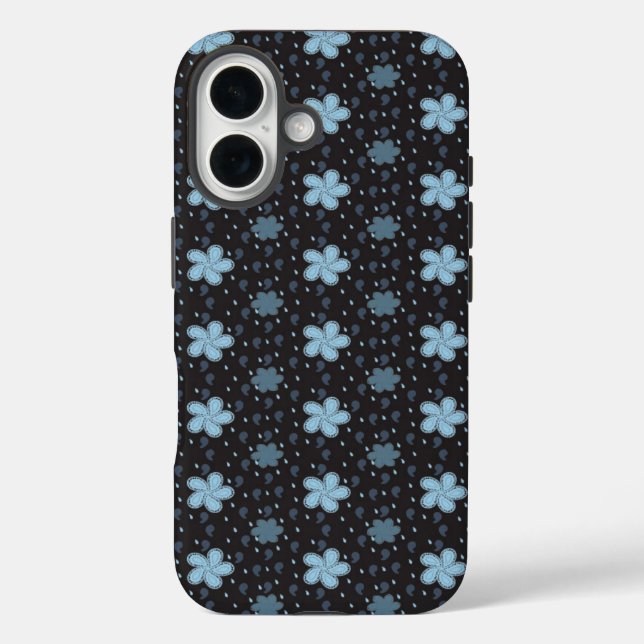 Noir avec Blue Paisley Flowers iPhone 16 Coque (Verso)